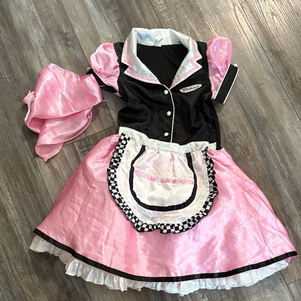 Pink and Black Kids 50s sock hop diner waitress Costume dress and kerchief